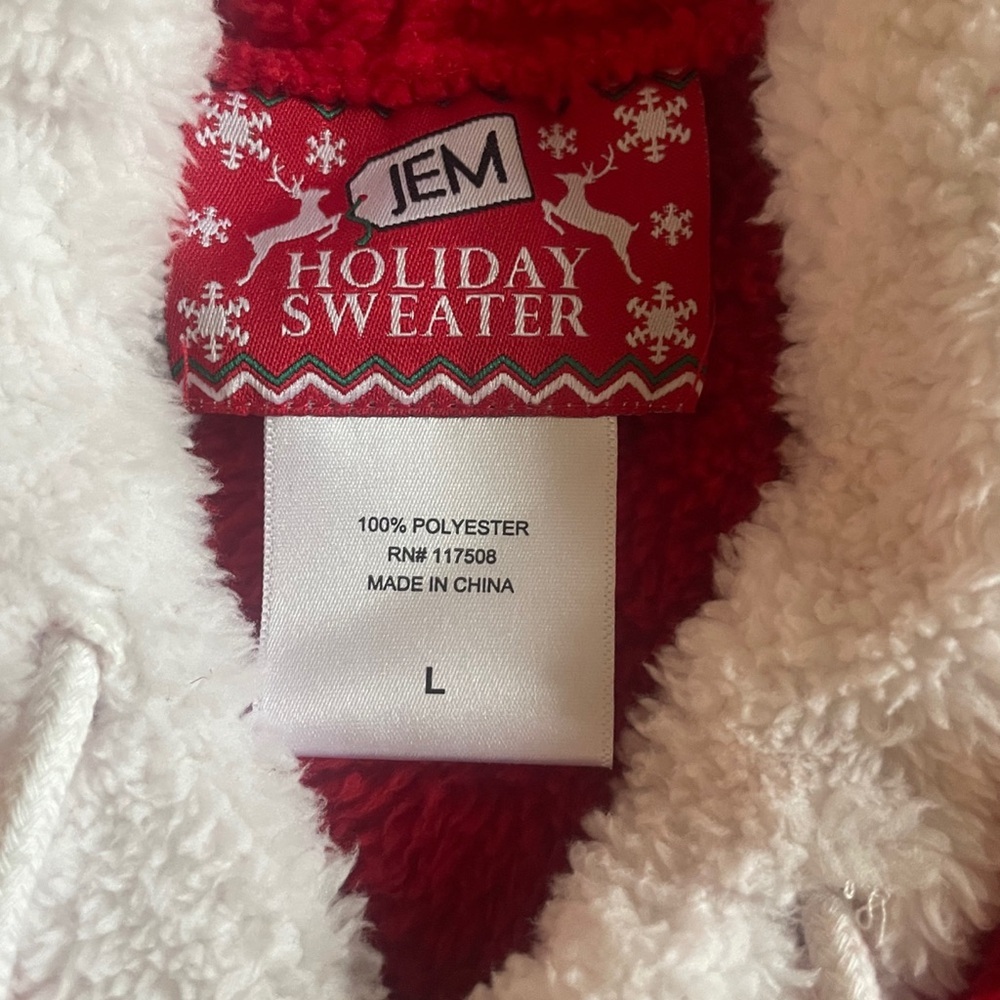 Christmas Santa sweater Large Sherpa Glitter Belt Pom Poms Holiday Top EUC Jem
